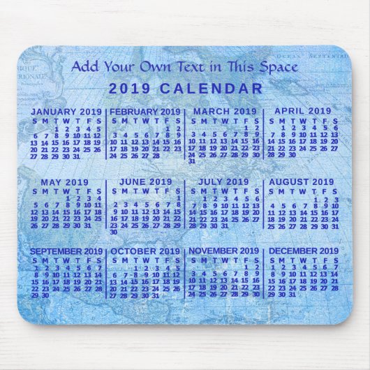 2019 Maandelijkse kalender Aangepast Blauw Antiek Muismat (Voorkant)