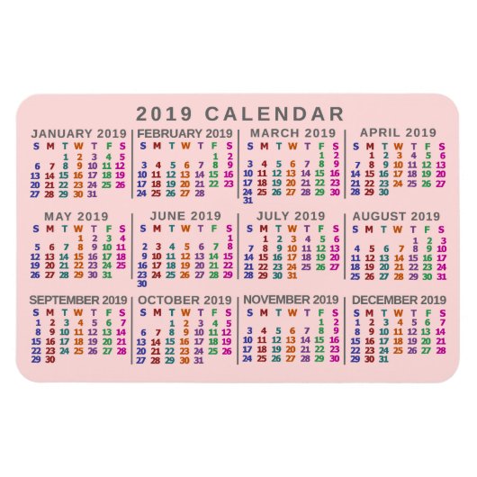 2019 Maandelijkse kalender Blush Pink Colorful Magneet (Horizontaal)
