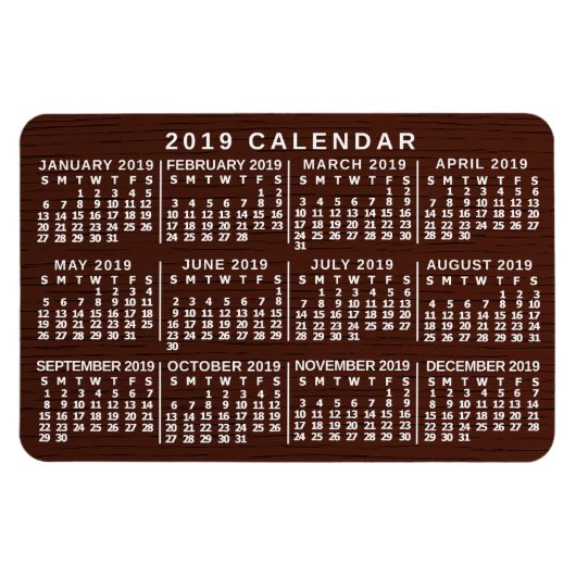 2019 Maandelijkse kalender Bruin Hout Eenvoudig Magneet (Horizontaal)