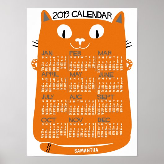2019 Maandelijkse kalender Oranje kat uit de midde Poster (Voorkant)