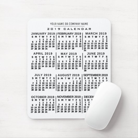 2019 Maandelijkse kalender Witte Aangepaste naam ( Muismat (Met muis)