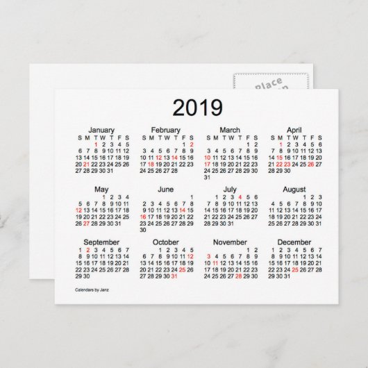2019 Mini Kalender met Feestdagen (Voorkant / Achterkant)