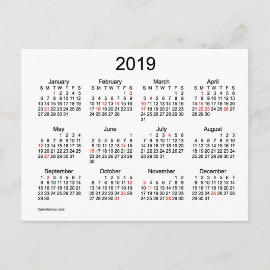 2019 Mini Kalender met Feestdagen (Voorkant)