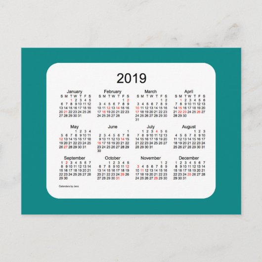 2019 Vakantie kalender van Janz Teal briefkaart (Voorkant)