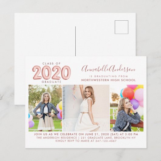 2020 Afgestudeerde Roze Goud 3 Foto Afstudeerfeest Uitnodiging Briefkaart (Voorkant / Achterkant)
