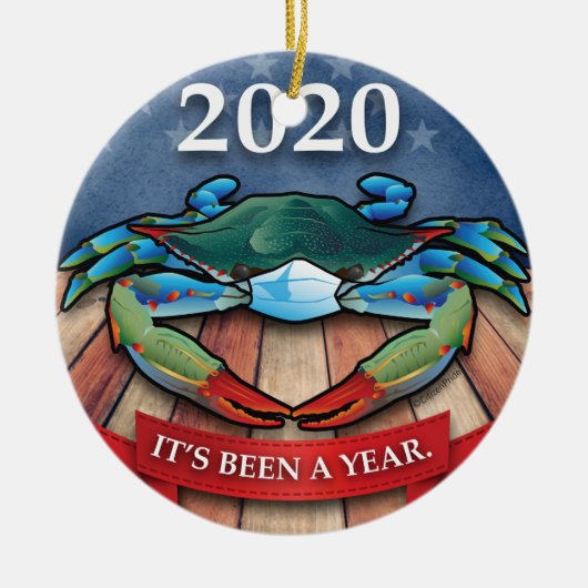 2020 Blauwe krab met gezichtsmasker Keramisch Ornament (Voorkant)