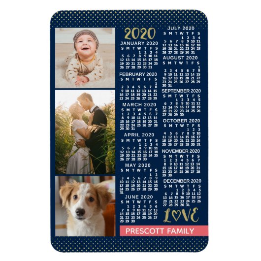 2020 Calendar Navy Coral Gold Family Foto Collage Magneet (Verticaal)