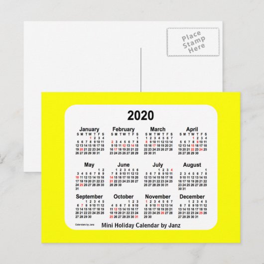 2020 Gele kalenderkaart van Janz Feestdagenkaart (Voorkant / Achterkant)