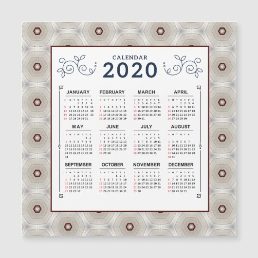 2020 jaar Calendar Red White Pattern Magnet (Voorkant)