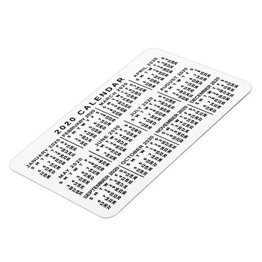 2020 Jaar Maandelijkse Kalender Klassieke Wit en Z Magneet (Linkerzijde)