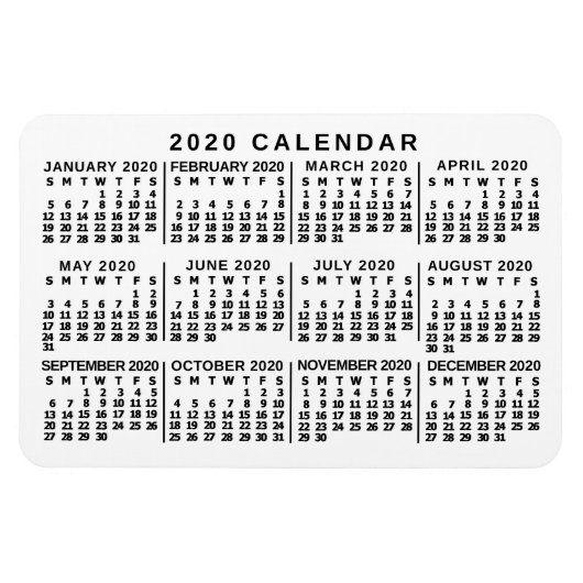 2020 Jaar Maandelijkse Kalender Klassieke Wit en Z Magneet (Horizontaal)