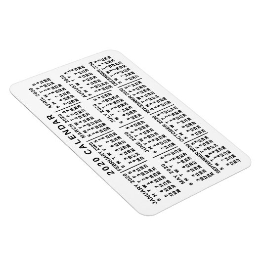 2020 Jaar Maandelijkse Kalender Klassieke Wit en Z Magneet (Rechterzijde)