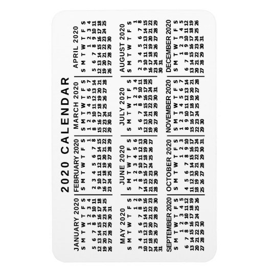 2020 Jaar Maandelijkse Kalender Klassieke Wit en Z Magneet (Verticaal)