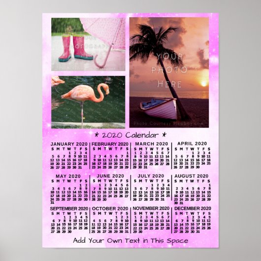 2020 Jaar Maandkalender Roze Aquarel 3 Foto Poster (Voorkant)