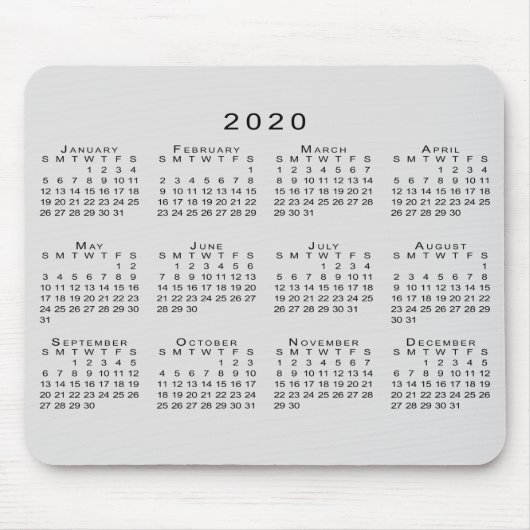 2020 Kalender, eenvoudig grijs en zwart Muismat (Voorkant)