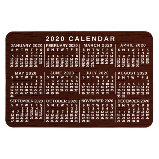 2020 Maandelijkse kalender Bruin Hout Eenvoudig Magneet (Horizontaal)
