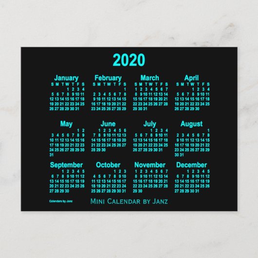 2020 Neon Blauwe Mini Kalender van Janz Briefkaart (Voorkant)