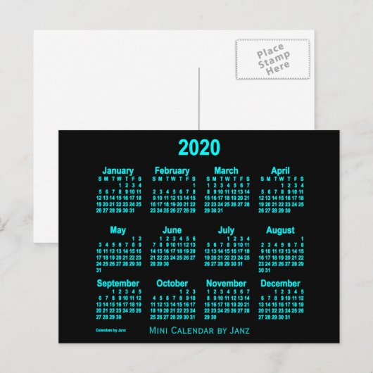 2020 Neon Blue Mini Calendar van Janz Briefkaart (Voorkant / Achterkant)