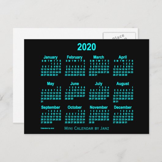 2020 Neon Blue Mini Kalender van Janz Briefkaart (Voorkant / Achterkant)