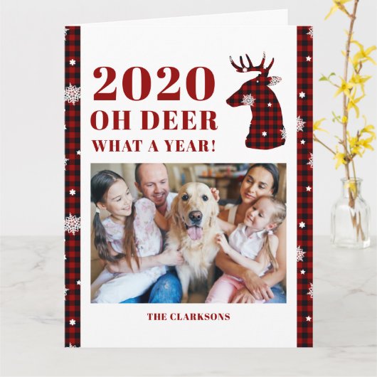 2020 Oh Deer Buffalo Plaid Snowflake Photo Kaart (Gele Bloem)