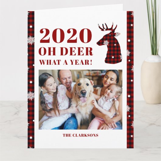 2020 Oh Deer Buffalo Plaid Snowflake Photo Kaart (Voorkant)