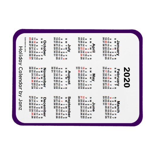 2020 Vakantiekalender door Janz Paarse Magneet (Horizontaal)