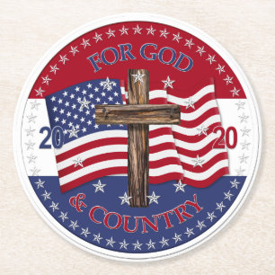2020 Voor God en Land Kruis En Amerikaanse Vlag Ronde Kartonnen Onderzetter
