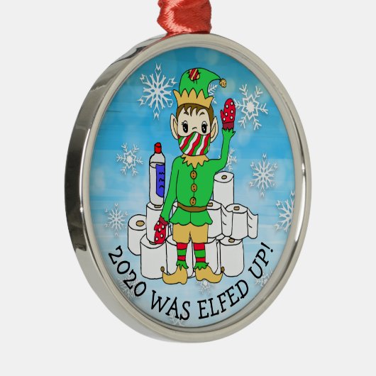 2020 was Elved Up, Funny Elf in Facemask Metalen Ornament (Rechts)