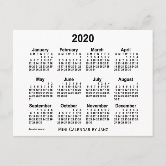 2020 Witte Mini Kalender van Janz Briefkaart (Voorkant)