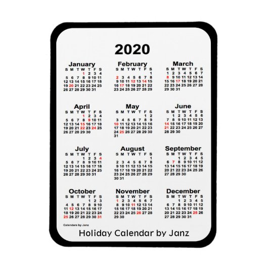 2020 Zwarte Vakantie Kalender door Janz Magnet Magneet (Verticaal)