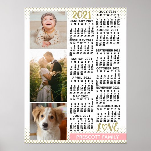 2021 Agenda Roze Roze Goud Familie Foto Collage Poster (Voorkant)