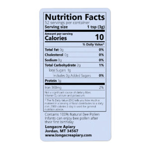 2021 Bee Pollen Nutrition Facts Blue Product Etiket
