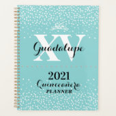 2021 Blauwgroen Aqua Blue Silver Glitter XV Quince Planner (Voorkant)