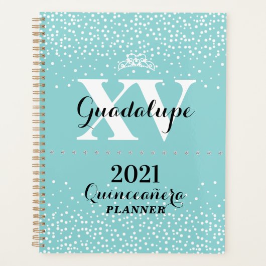 2021 Blauwgroen Aqua Blue Silver Glitter XV Quince Planner (Voorkant)