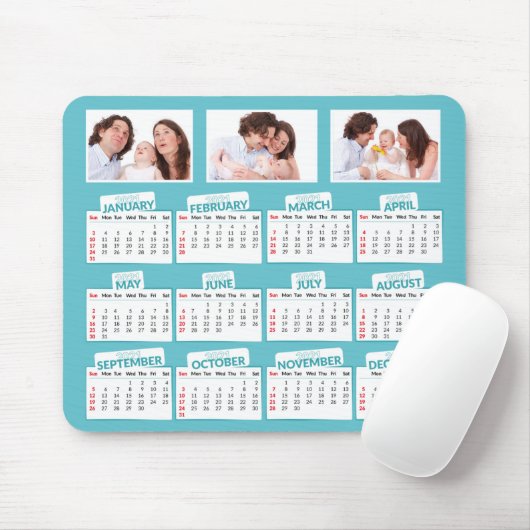 2021 Calendar Custom Photo Trio Blauwgroen Muismat (Met muis)