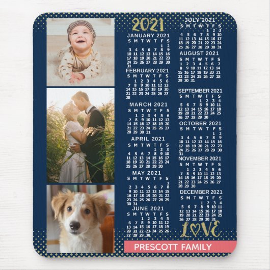 2021 Calendar Navy Coral Gold Family Foto Collage Muismat (Voorkant)