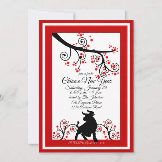 2021 Chinese Nieuwjaar Ox en Bloemenboom Kaart (Voorkant)