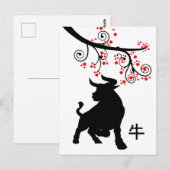 2021 Chinese Nieuwjaar Ox en Rode Bloesems Briefkaart (Voorkant / Achterkant)