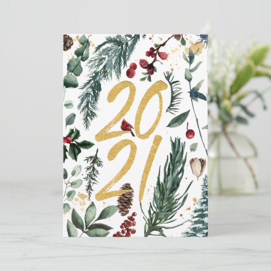 2021 Festive Pine Bough Magnolia Red Berry Feestdagenkaart (Staand voorkant)
