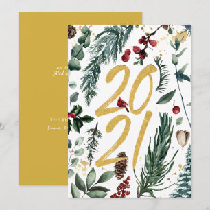 2021 Festive Pine Bough Magnolia Red Berry Feestdagenkaart