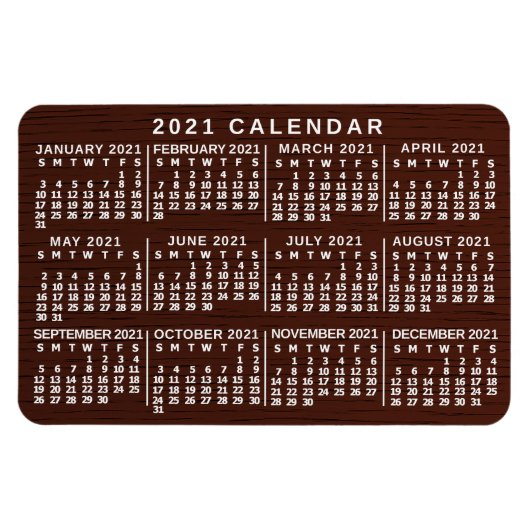 2021 Jaar Maandelijkse kalender Bruin Rood Eenvoud Magneet (Horizontaal)