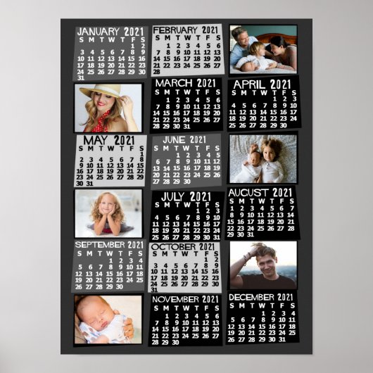 2021 Jaar Maandelijkse Kalender Fotocollage Mod Zw Poster (Voorkant)