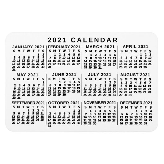 2021 Jaar Maandelijkse Kalender Klassieke Wit en Z Magneet (Horizontaal)