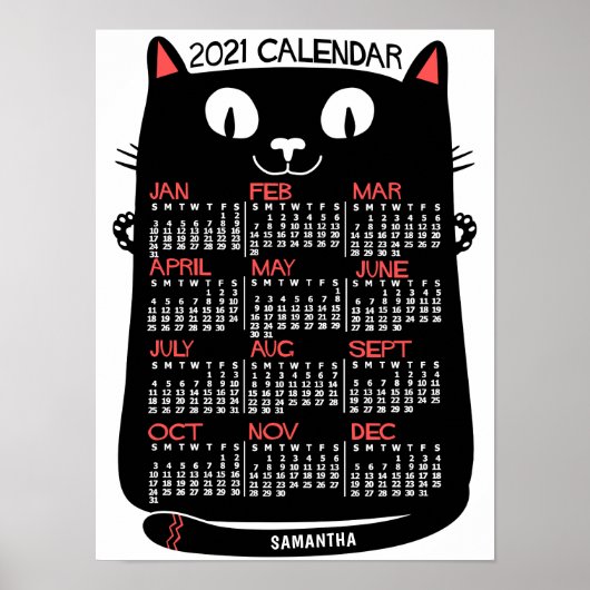 2021 Jaar Maandelijkse Kalender Mid-Century Zwarte Poster (Voorkant)