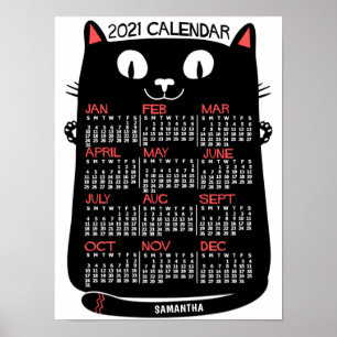 2021 Jaar Maandkalender Mid-Century Zwarte Kat Poster