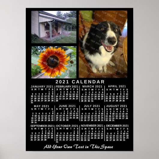 2021 Jaar Maandkalender Zwart Aangepast 3 Foto's Poster (Voorkant)