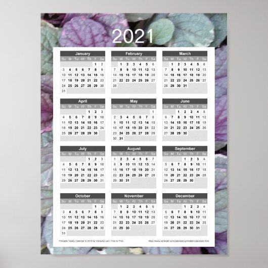 2021 Jaar Planner - Paarse Bladeren Poster (Voorkant)