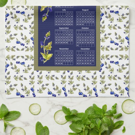 2021 Kalender Blauwbessen Stemmed Leaves Border Theedoek (Gevouwen)