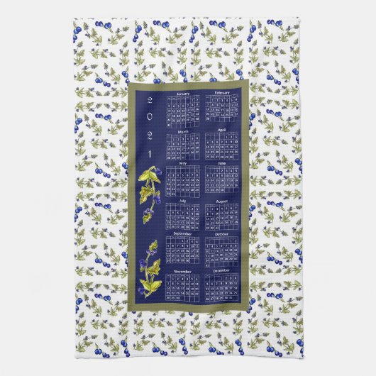 2021 Kalender Blauwbessen Stemmed Leaves Border Theedoek (Verticaal)