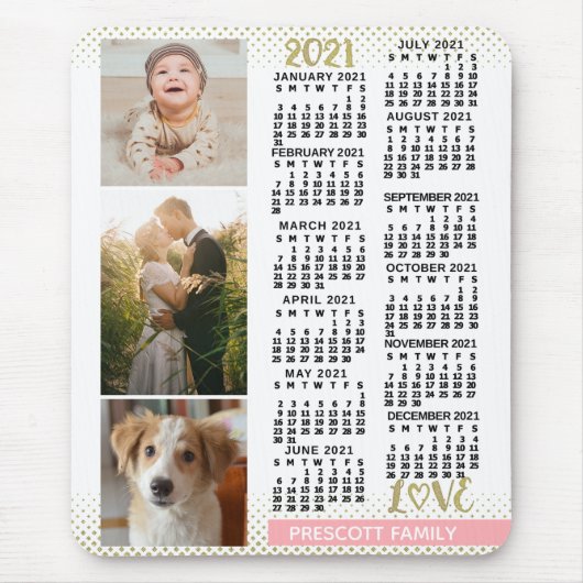 2021 Kalender Blush Pink Gold Family Photo Collage Muismat (Voorkant)